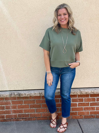 Olive Ribbed Round Neck Short Sleeve