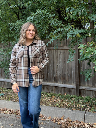 Light Brown, White, Black Stretch Plaid Button Up