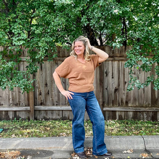 Deep Camel Short Sleeve V-Neck Dolman Sweater
