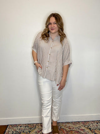 Oversized Brown Striped Button Down Short Sleeve
