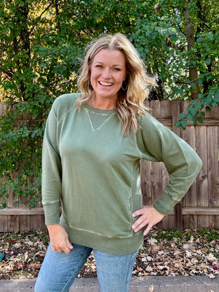 Army Green French Terry Dyed Pullover with Pockets