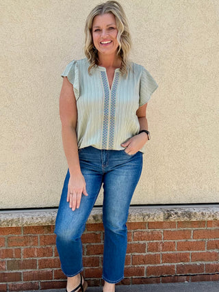 Embroidered Split Neck Ruffle Sleeve Top