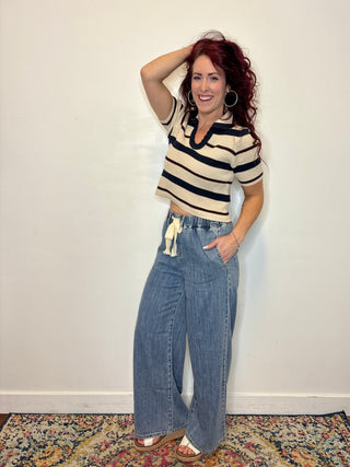 Navy Striped Collared Short Sleeve Cropped Sweater