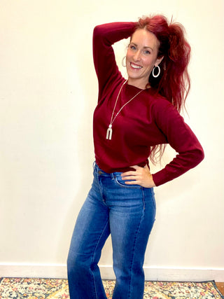 Dark Burgundy Front Seam Round-Neck Sweater