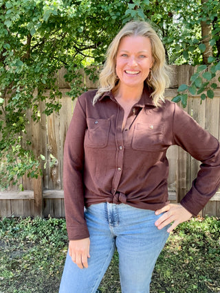 Brown Stretch Solid Button Up