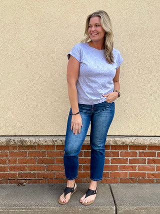 Heather Grey Round Neck Folded Sleeve Tee