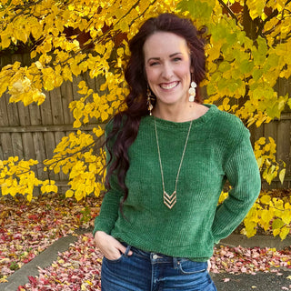Dark Green Round Neck Waffle Knit Sweater