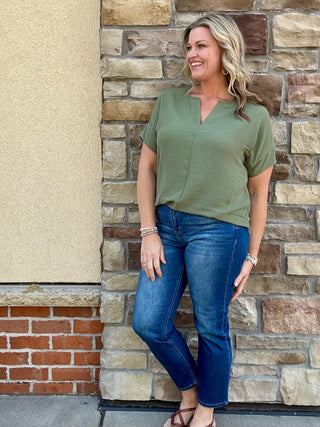 Olive Woven Airflow Short Sleeve Split Neck Top