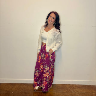 Plum Floral Print Wide Leg Pants