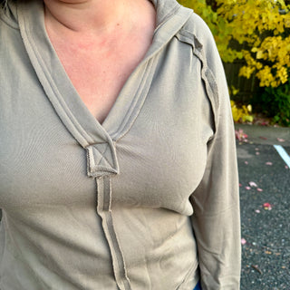 Light Olive Hooded V-Neck Long Sleeve
