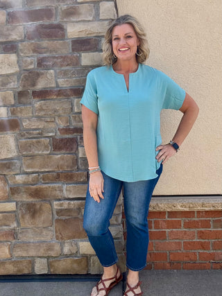 Dusty Teal Woven Airflow Short Sleeve Split Neck Top