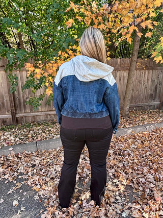 Risen Dark Denim Bomber Jacket with Gray Contrast Hoodie Top