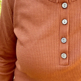 Orange Waffle Knit Button Neck Pullover Long Sleeve Top