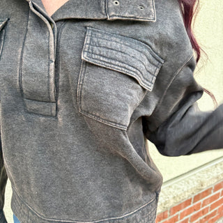 Acid Wash Half Button Fleece Sweater
