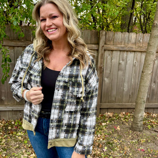 Olive and Black Plaid Hooded Button Up