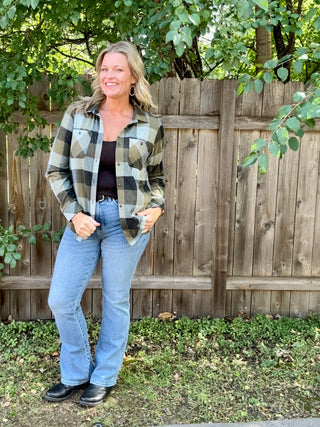 Olive, Black Stretch Plaid Button Up