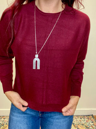 Dark Burgundy Front Seam Round-Neck Sweater