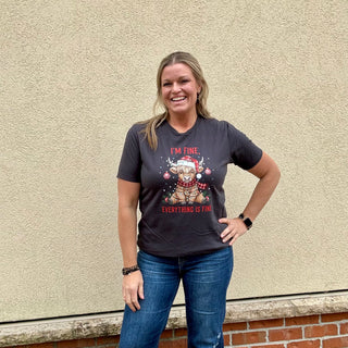 I'm Fine Highland Cow Christmas Tee