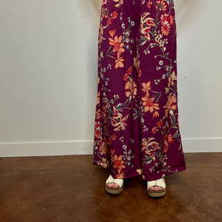 Plum Floral Print Wide Leg Pants