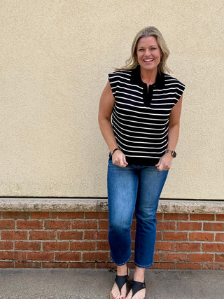 Ivory/Black Striped Collared Sweater Sleeveless Top