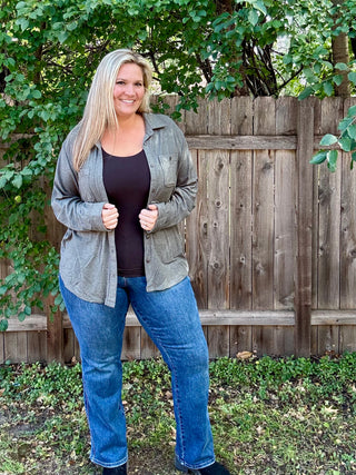 Olive Stretch Solid Button Up
