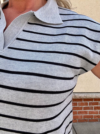 Grey/Black Striped Collared Sweater Sleeveless Top