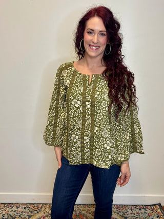 Green Lace Inset Bell Sleeve Blouse