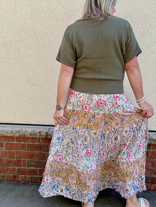Multi Floral Tiered Smocked Waist Maxi Skirt