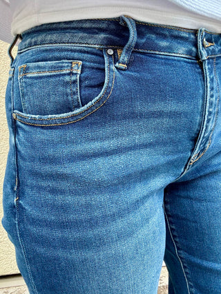 Risen Mid Rise Straight Leg Cuffed Jeans