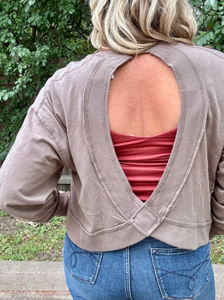 Olive Crescent Pima Cotton Open Back Long Sleeve Tee