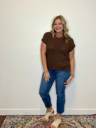 Brown Center Seam Short Sleeve Sweater