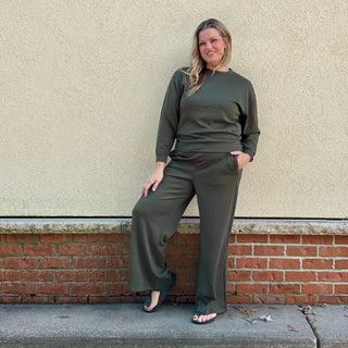 Olive Crew Neck Pullover and Pants Set