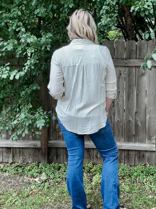 Light Olive Striped Collard Light Weight Button Down Top