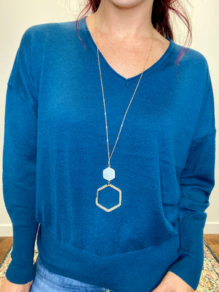 Navy V-Neck Wool Blend Sweater