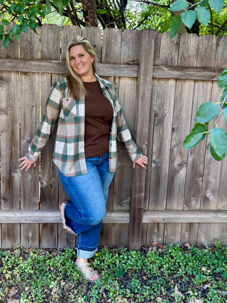 Cream, Tan, Green Stretch Plaid Button Up
