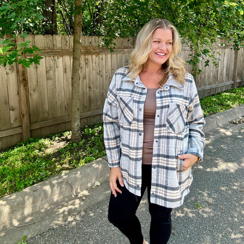 Grey Plaid Snap Button Shacket