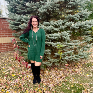 Dark Green V-Neck Sweater Dress
