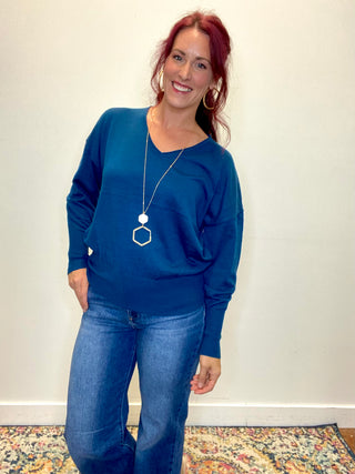 Navy V-Neck Wool Blend Sweater