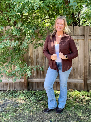 Brown Stretch Solid Button Up