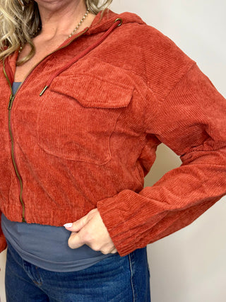 Rust Corduroy Cropped Bomber Jacket