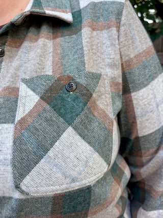 Cream, Tan, Green Stretch Plaid Button Up
