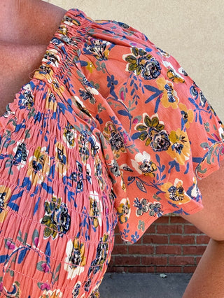 Short Sleeve Floral Smocked Bodice Dress
