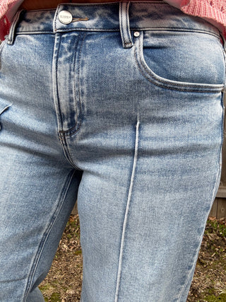 Risen Mid Rise Crop Wide Leg Pintuck Detail Jeans
