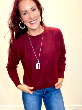 Dark Burgundy Front Seam Round-Neck Sweater