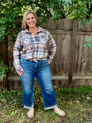 Blue, Blush, Tan Stretch Plaid Button Up