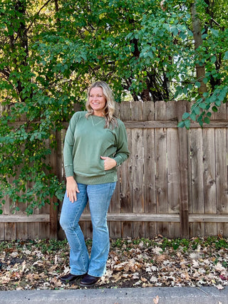 Army Green French Terry Dyed Pullover with Pockets