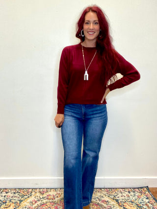 Dark Burgundy Front Seam Round-Neck Sweater