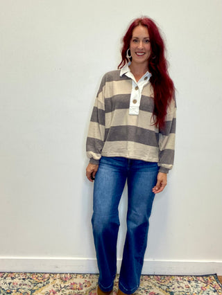 Gray/Cream Striped Hacci Polo Sweater