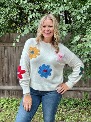Cream Knit Sweater with Multi Color Crochet Floral