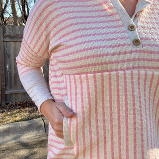 Striped Textured Quarter Button Hoodie